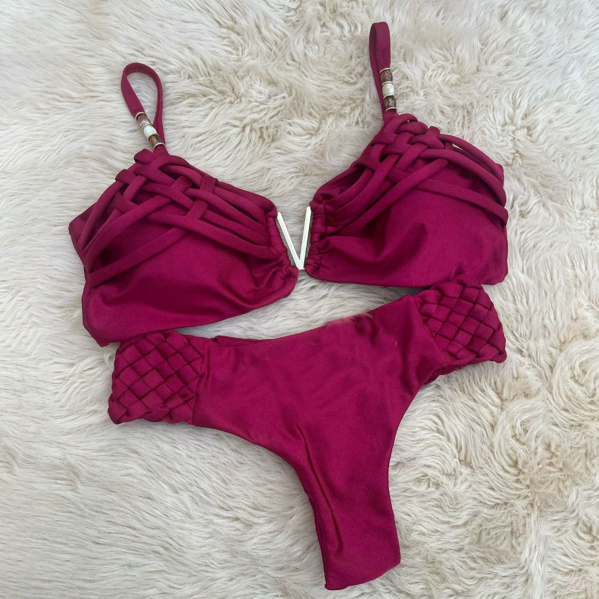 V-Shaped Metal Accent Crisscross Bikini Set view 6