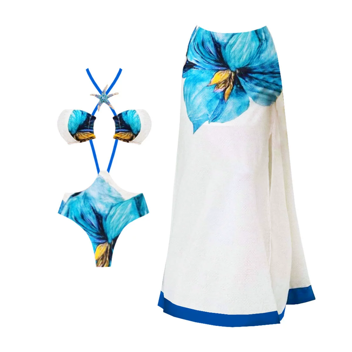 Women’s Halter Bikini Set with High-Waist Bottom and Long Skirt