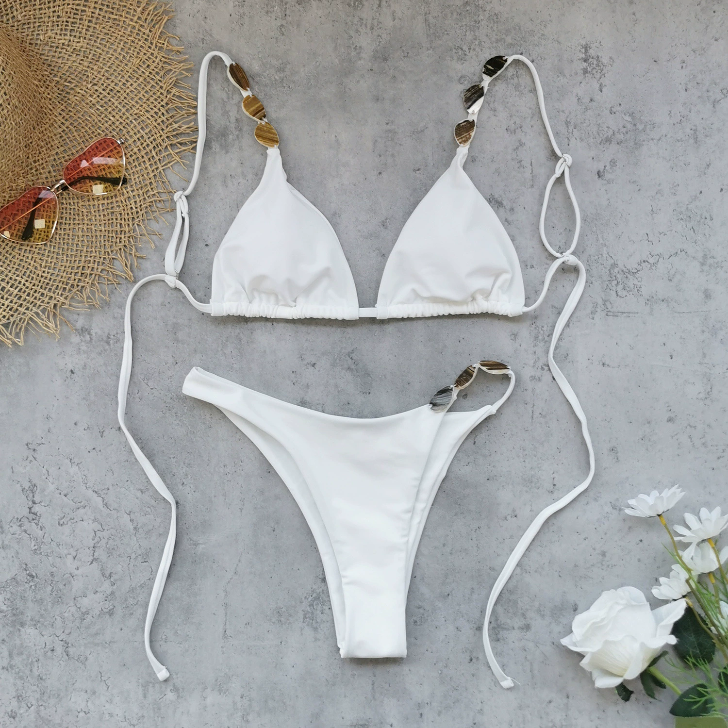 Triangle Halter Bikini Set with Beaded Straps and Side Tie Bottoms view 6