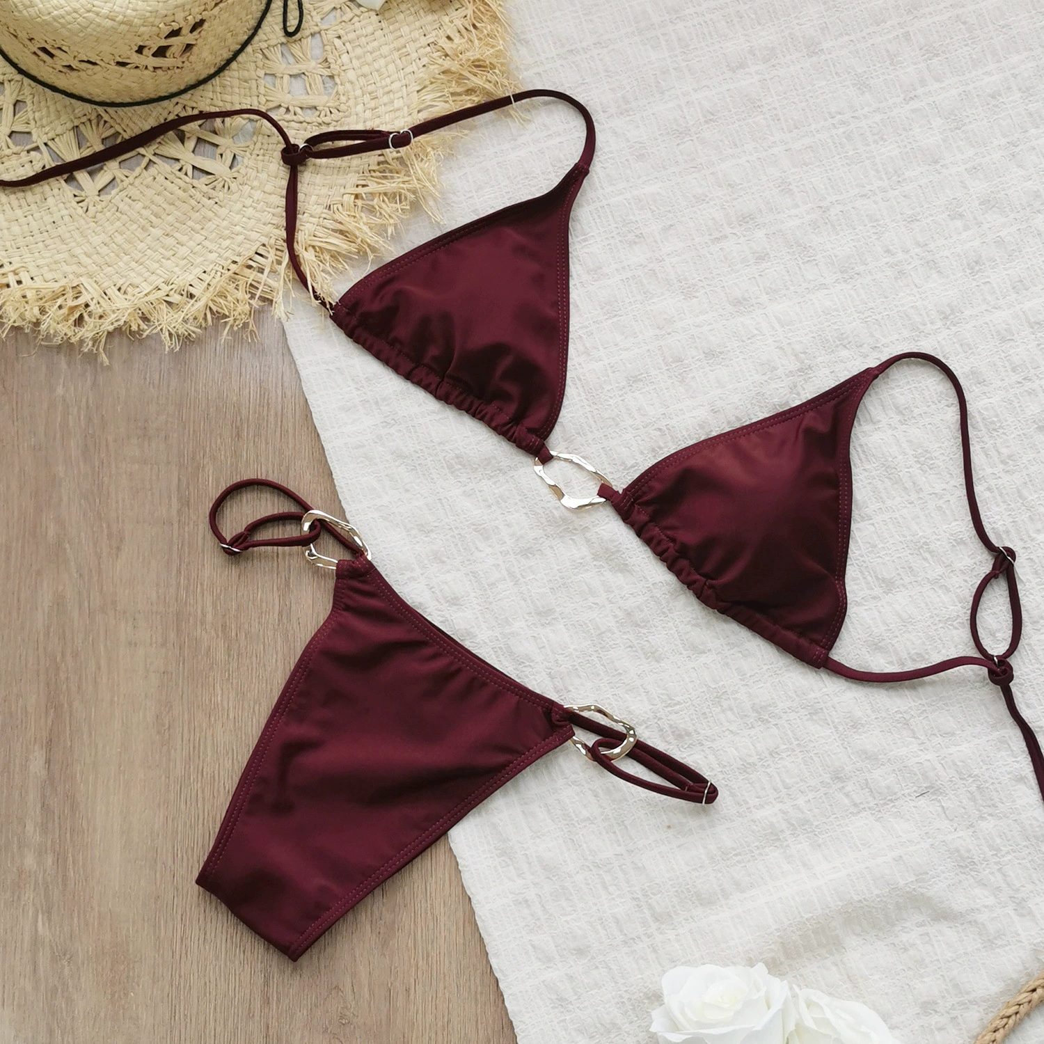 Two-Piece Triangle Bikini Set with Ring Accents