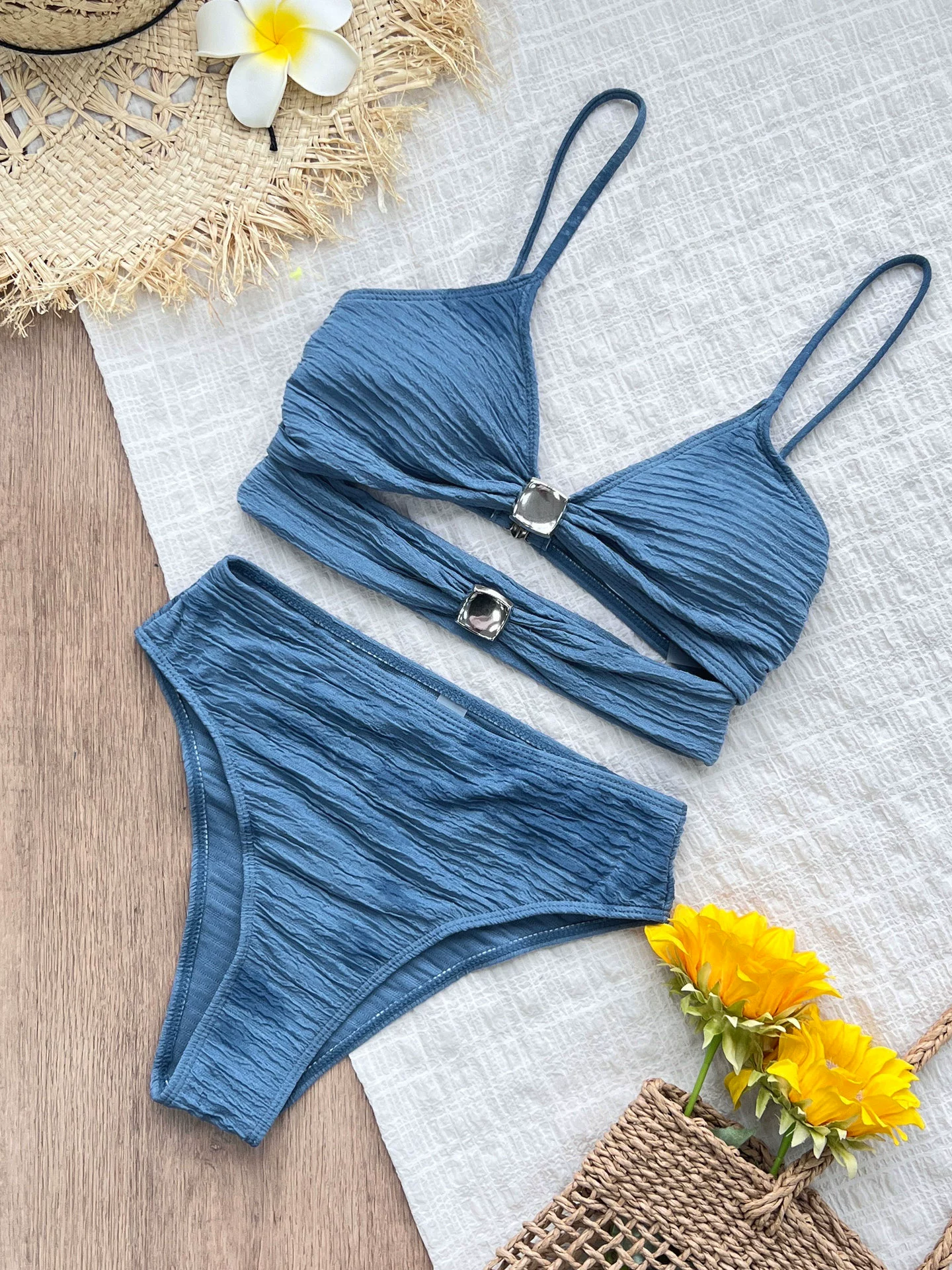 Two-Piece Bikini Set with Front Buckles and High-Waisted Bottom view 6