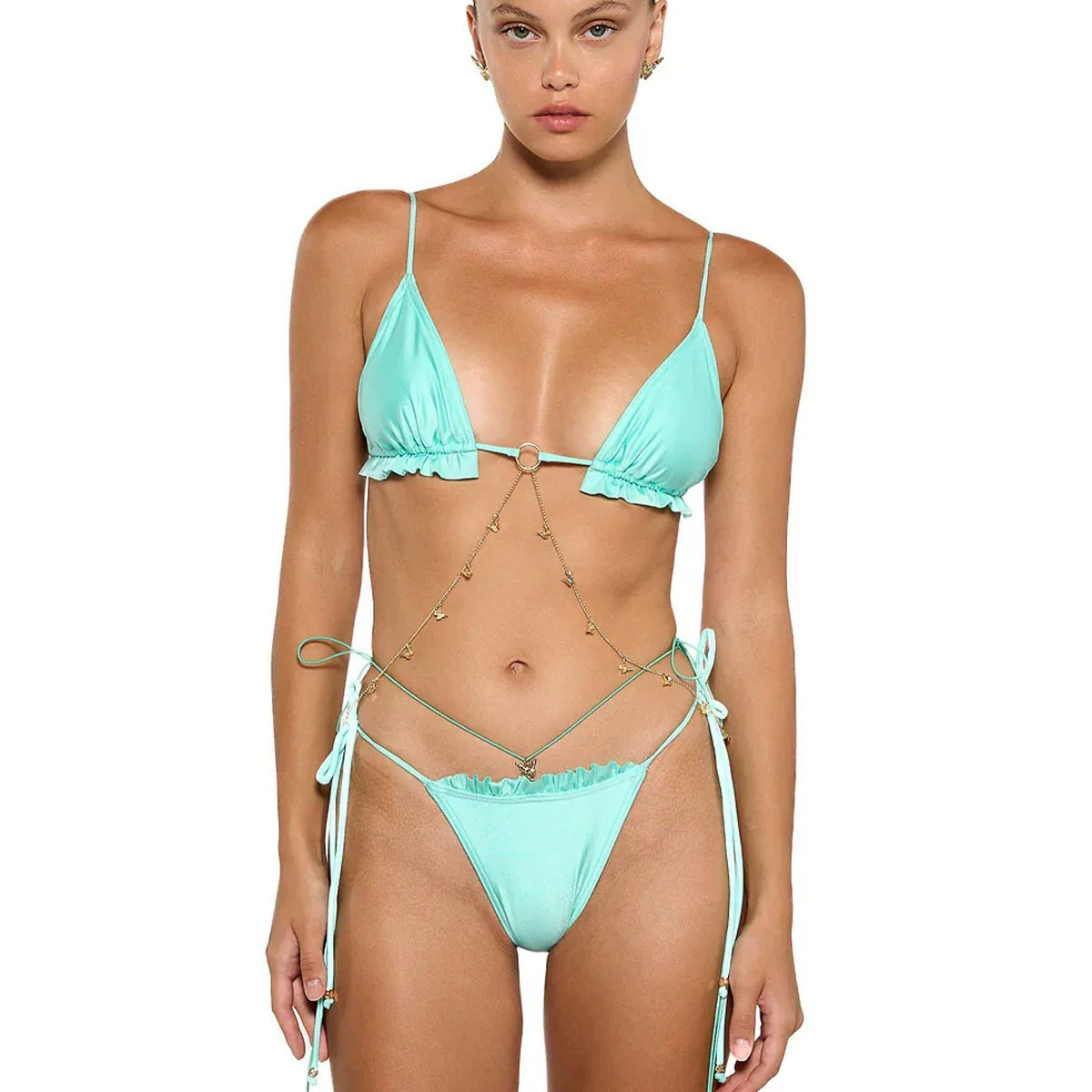 Ruffled Triangle Bikini with Side-Tie Bottoms and Body Chain view 4