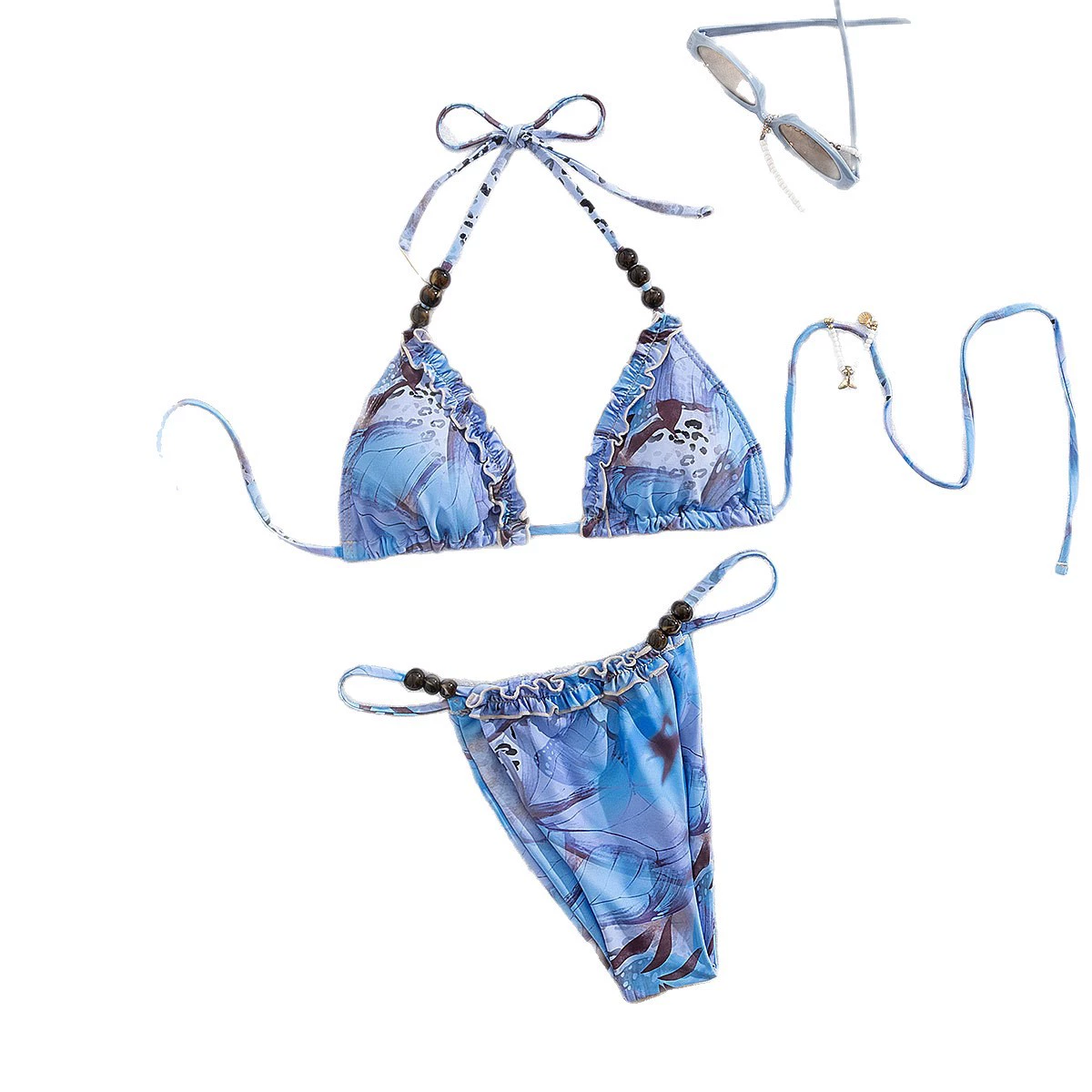 Beaded Triangle Halter Bikini Set with Side Ties view 5