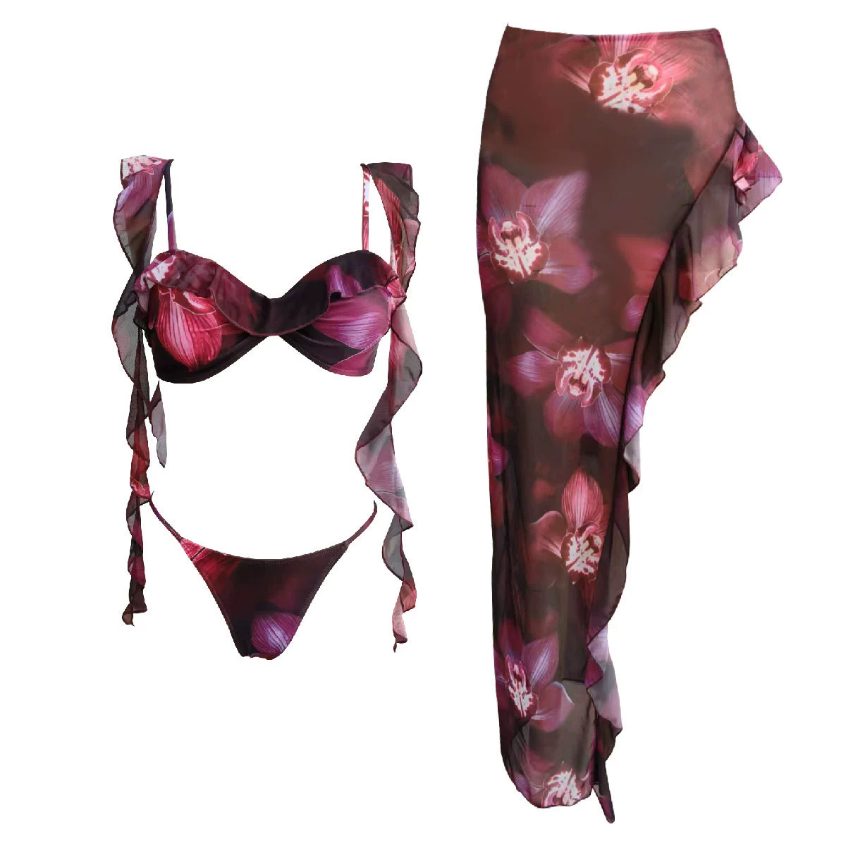 Asymmetrical Three-Piece Bikini and Sarong Set view 5