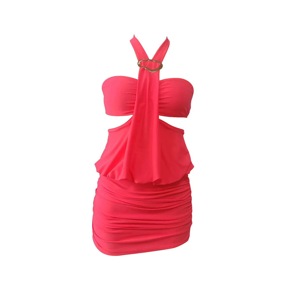 Halter Neck Bandeau Two-Piece Swimsuit with Ruched Skirt