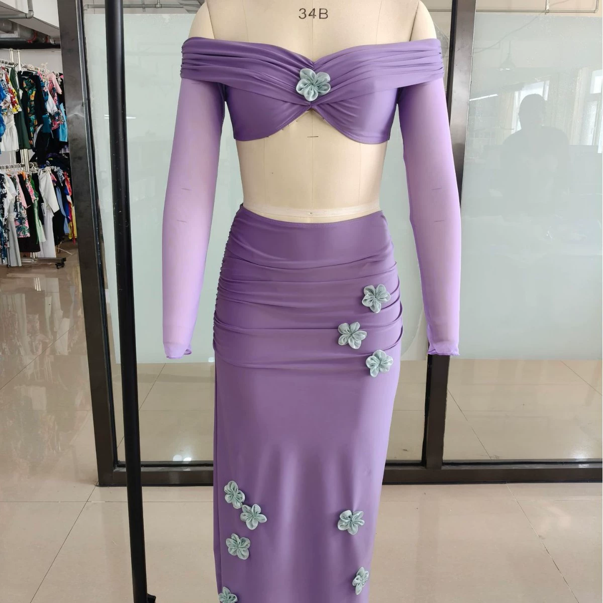 Off-Shoulder Long Sleeve Crop Top and Ruched Maxi Skirt Set