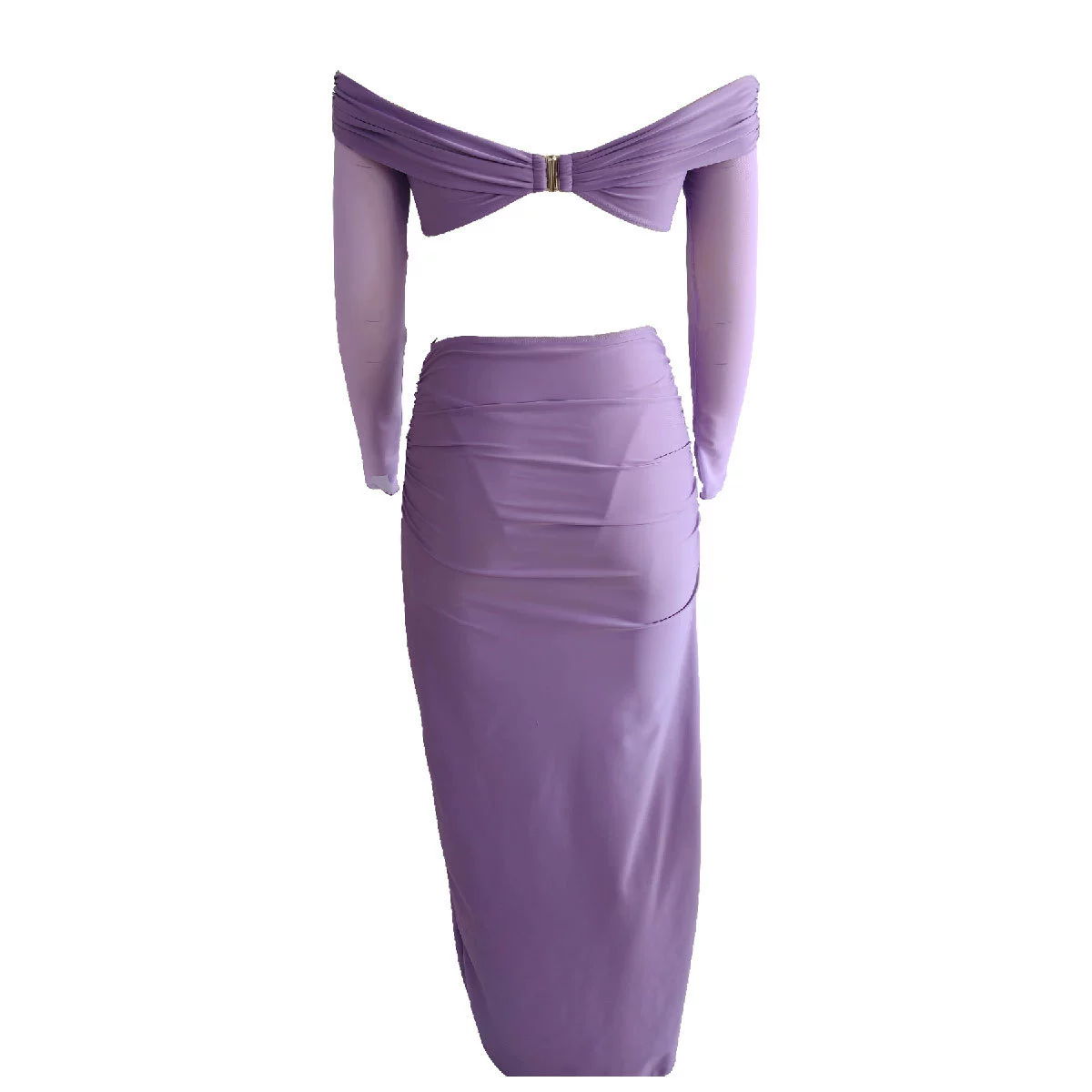 Off-Shoulder Long Sleeve Crop Top and Ruched Maxi Skirt Set view 3