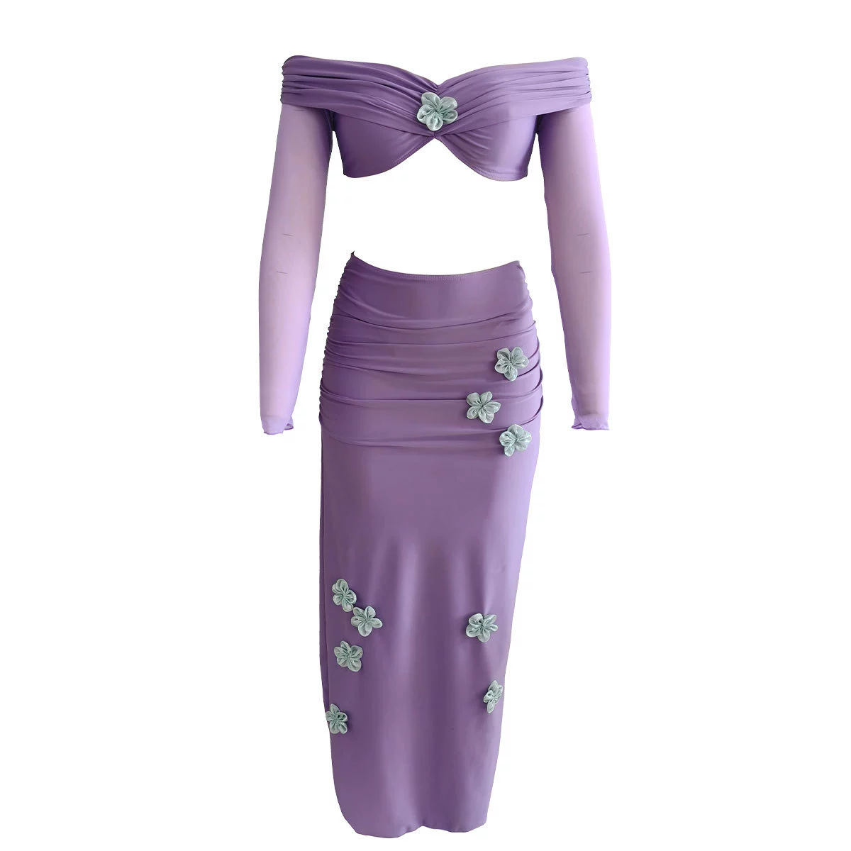 Off-Shoulder Long Sleeve Crop Top and Ruched Maxi Skirt Set view 4