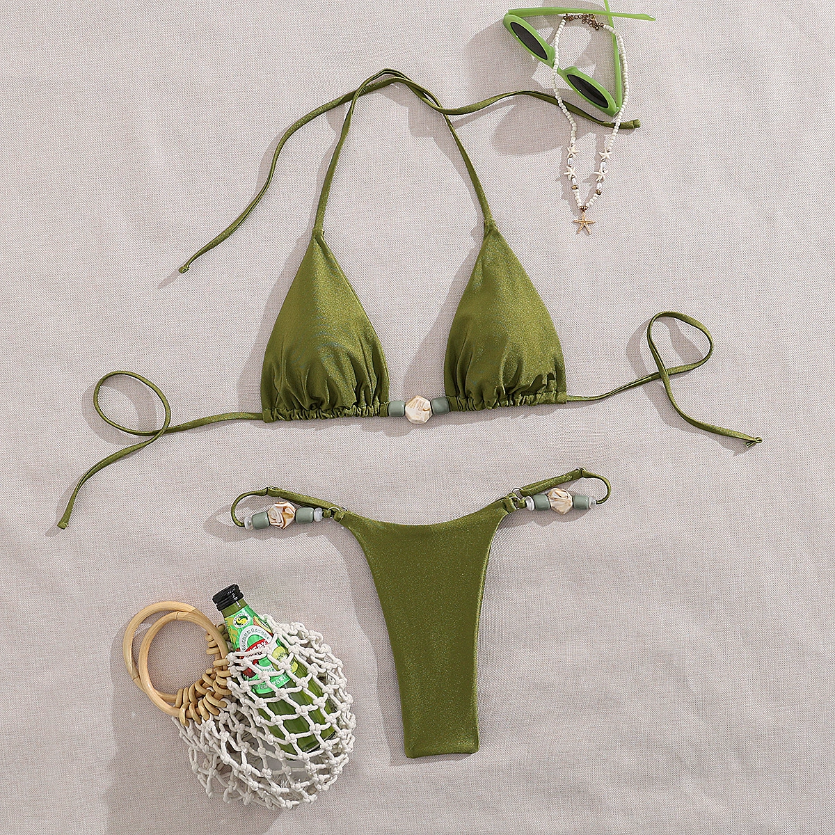Ruched Triangle Bikini Set with Beaded Accents