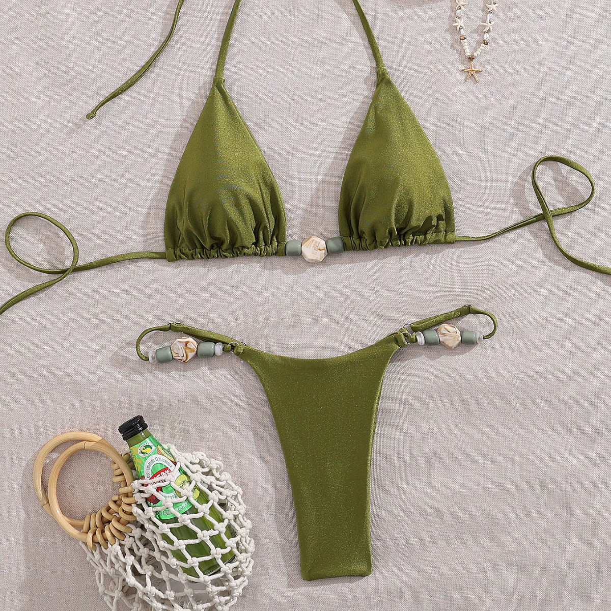 Ruched Triangle Bikini Set with Beaded Accents