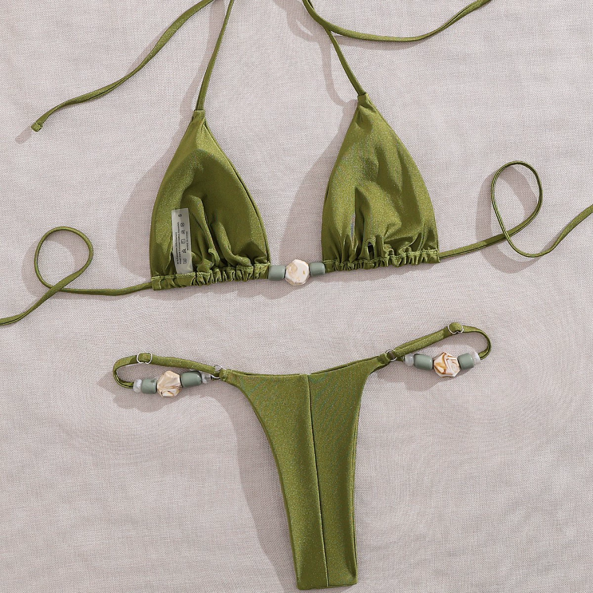 Ruched Triangle Bikini Set with Beaded Accents view 3