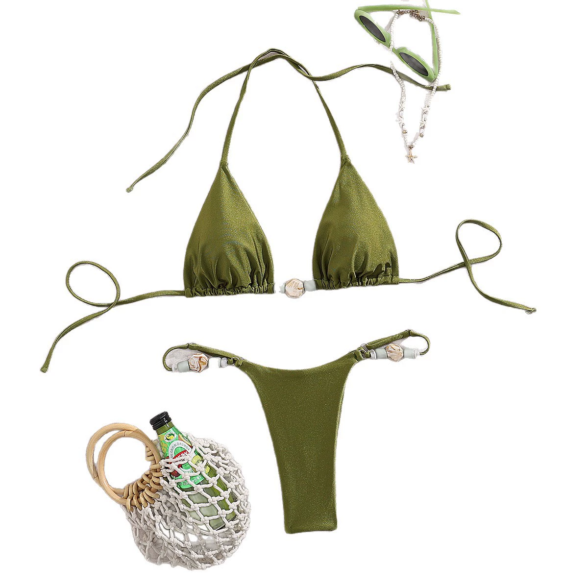 Ruched Triangle Bikini Set with Beaded Accents view 5