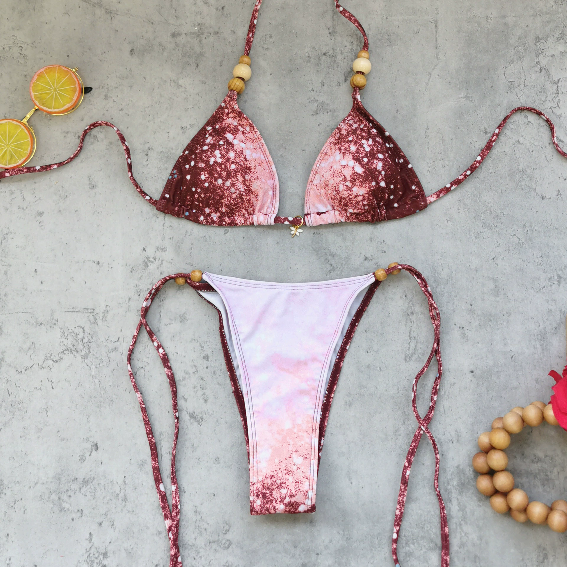 Beaded Triangle Bikini Set with Tie-Side Bottoms