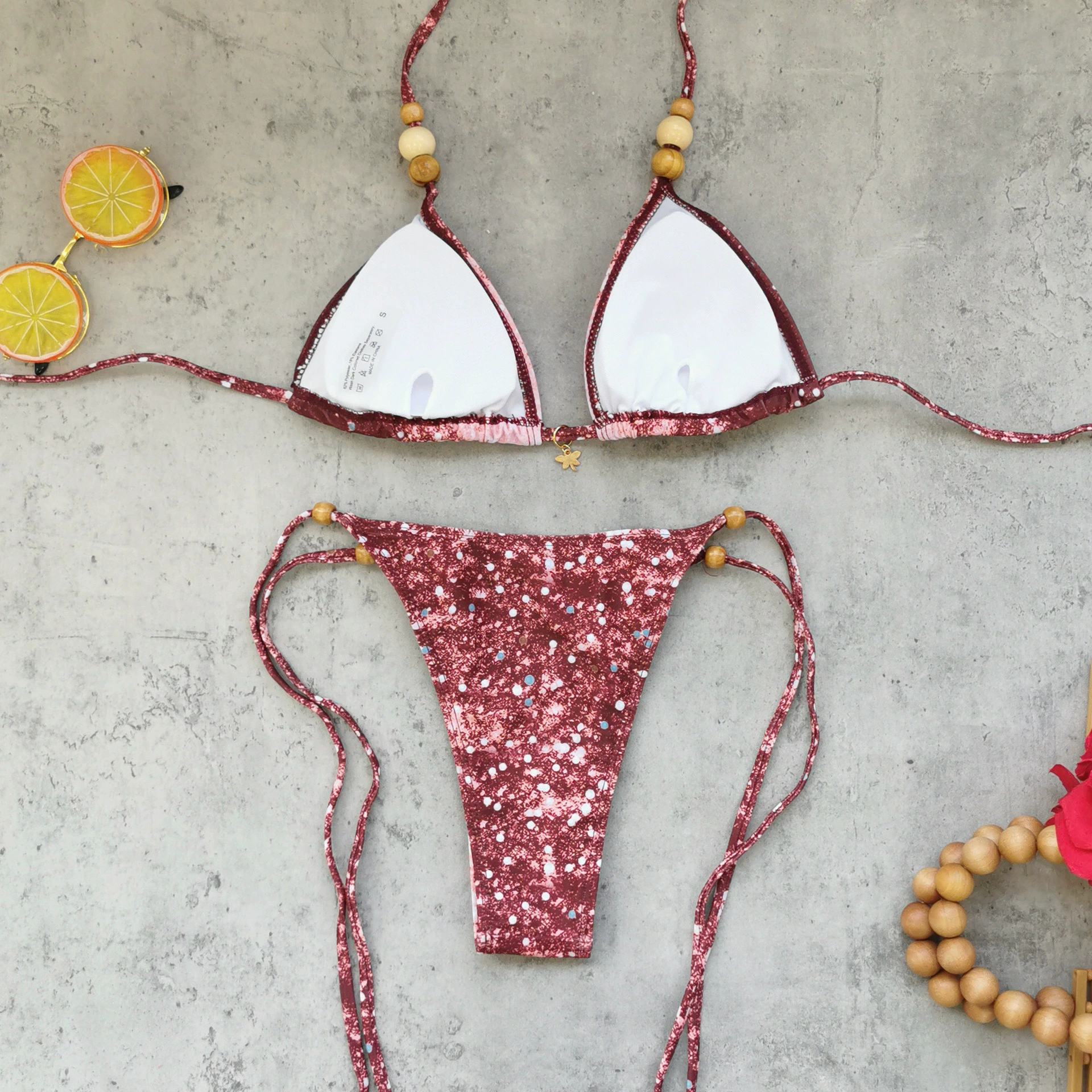 Beaded Triangle Bikini Set with Tie-Side Bottoms