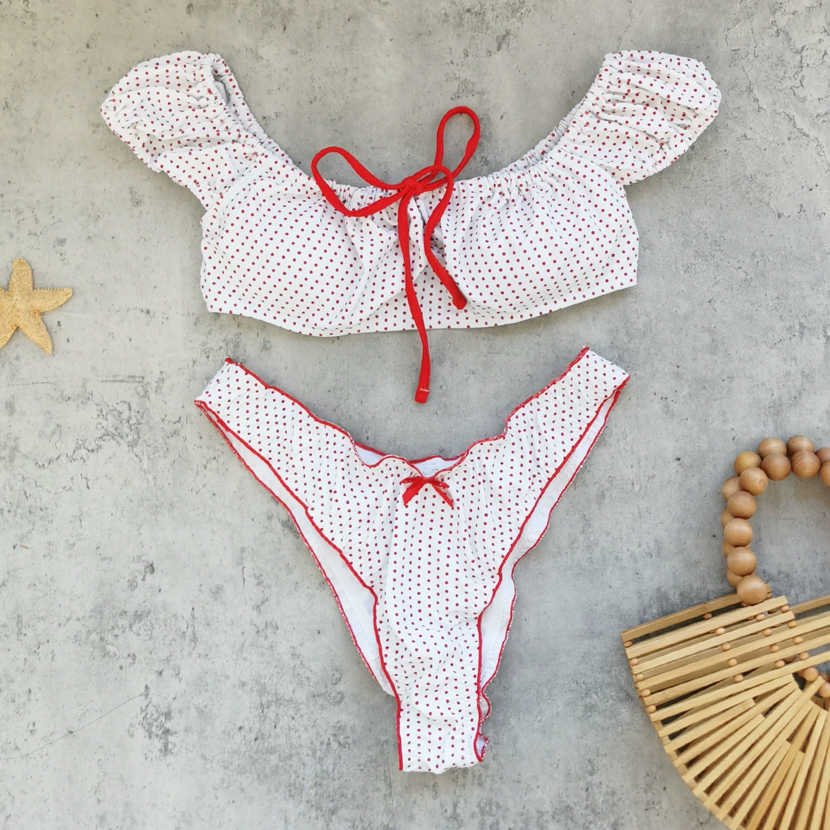 Off-Shoulder Short Sleeve Bikini Set with Front Tie and High-Cut Bottom