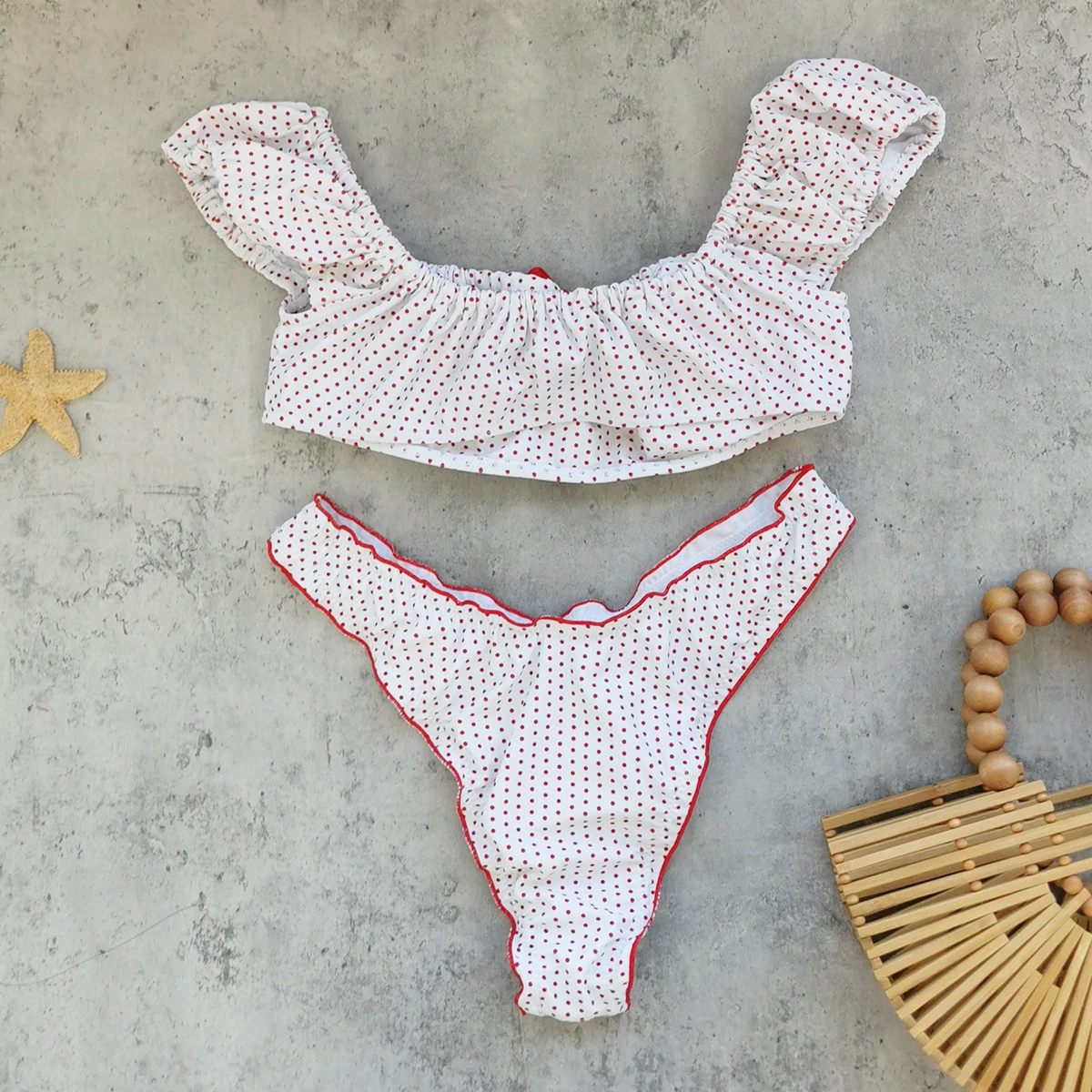 Off-Shoulder Short Sleeve Bikini Set with Front Tie and High-Cut Bottom view 4