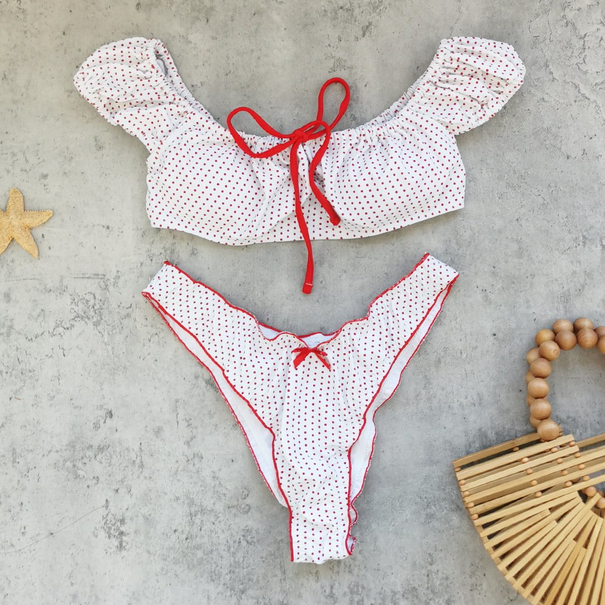 White with red dots