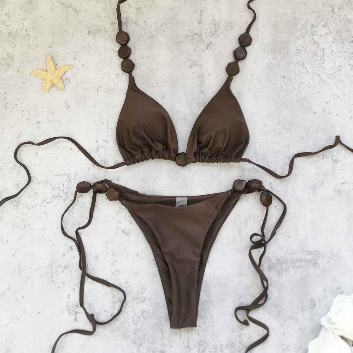 Women’s Triangle Halter Bikini Set with Beaded Details and Side Ties