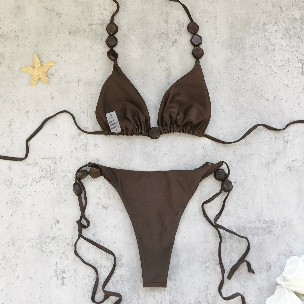 Women’s Triangle Halter Bikini Set with Beaded Details and Side Ties