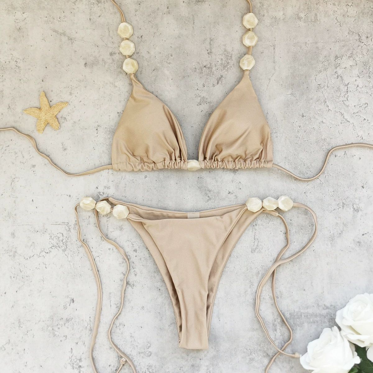 Women's Triangle Halter Bikini Set with Beaded Details and Side Ties view 3