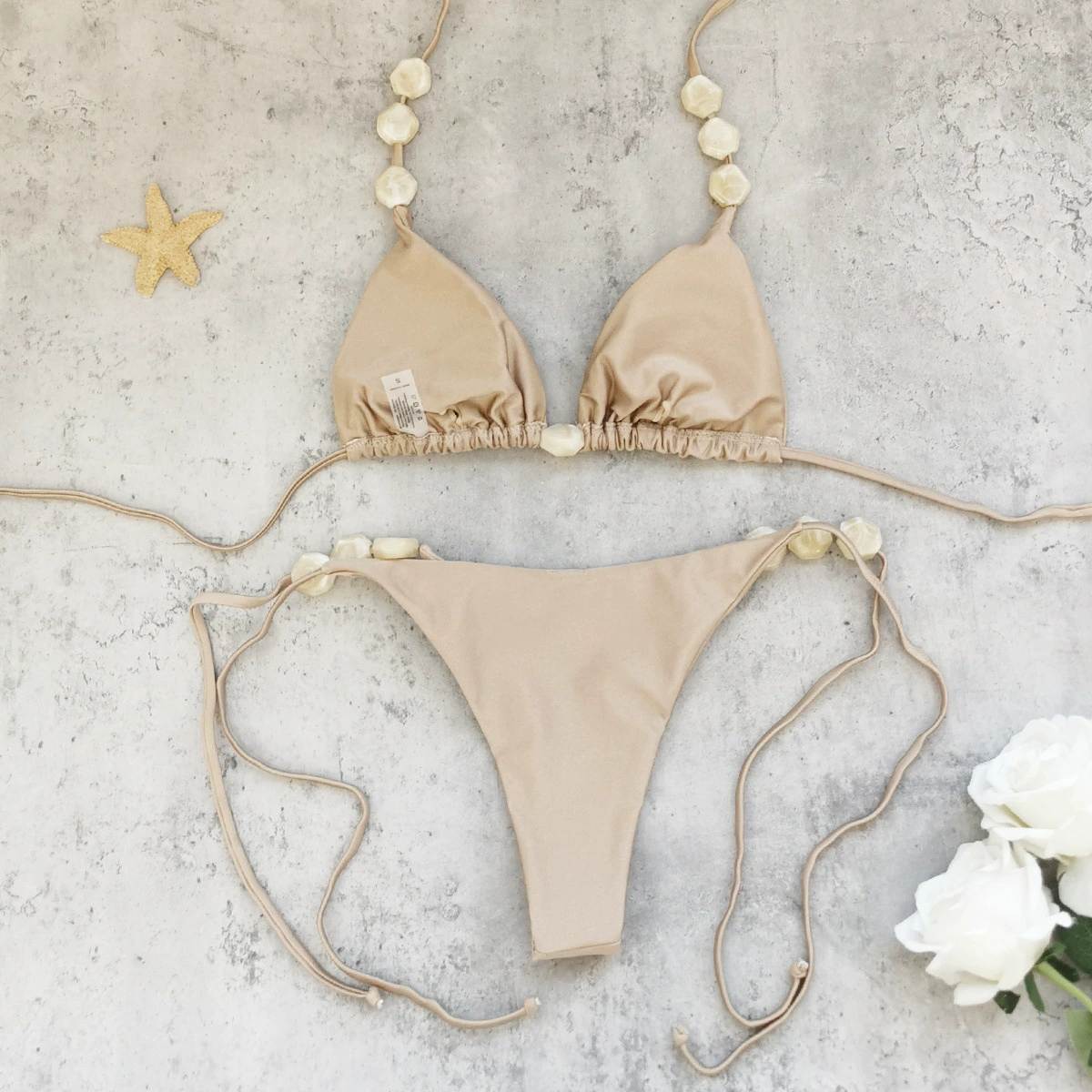 Women's Triangle Halter Bikini Set with Beaded Details and Side Ties view 4