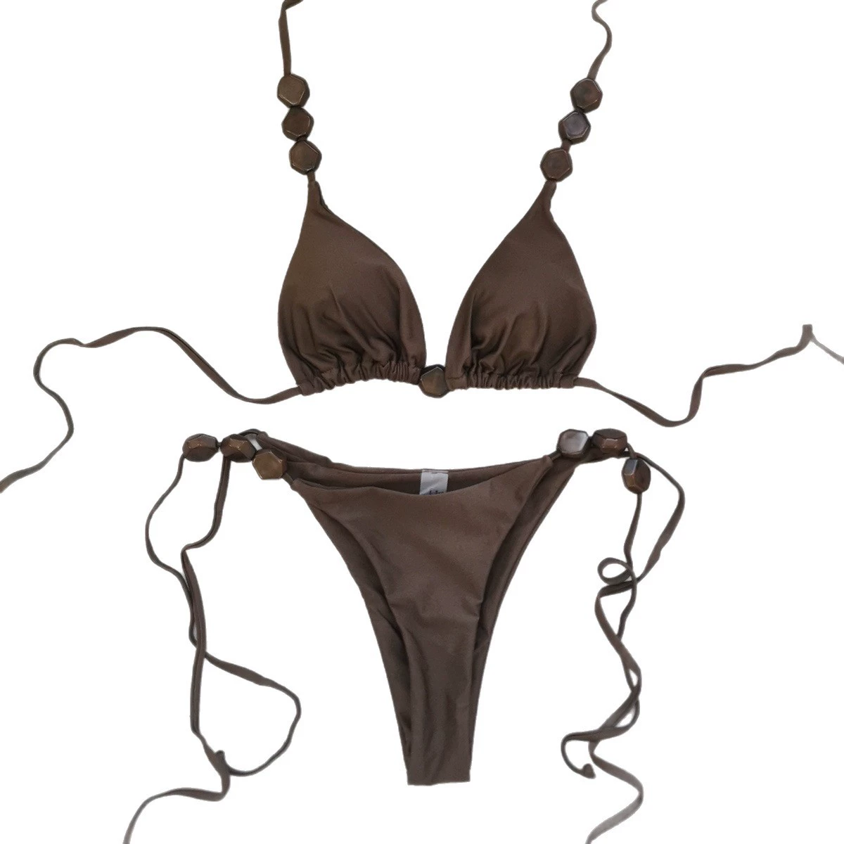 Women's Triangle Halter Bikini Set with Beaded Details and Side Ties view 5