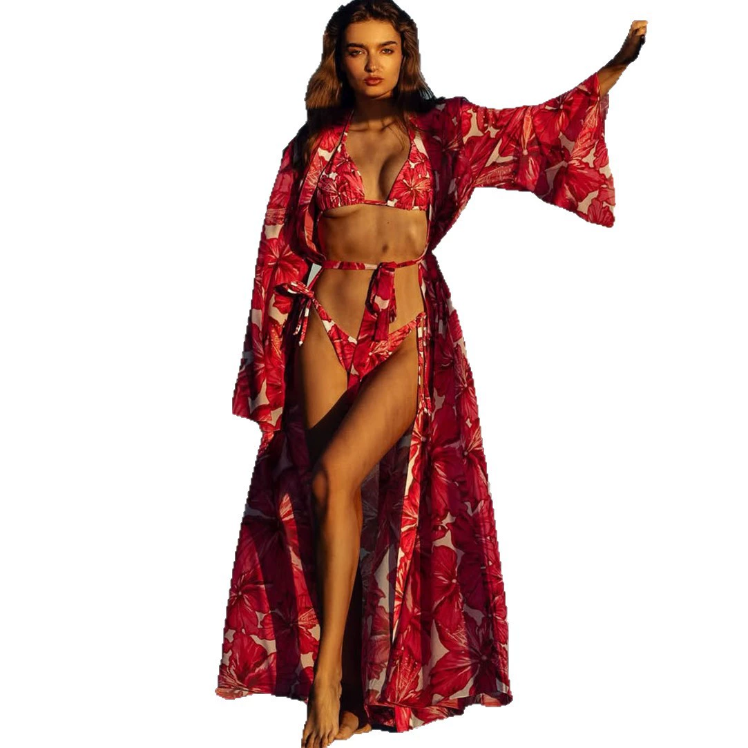Three-Piece Bikini Set with Long Sleeve Cover-Up view 5