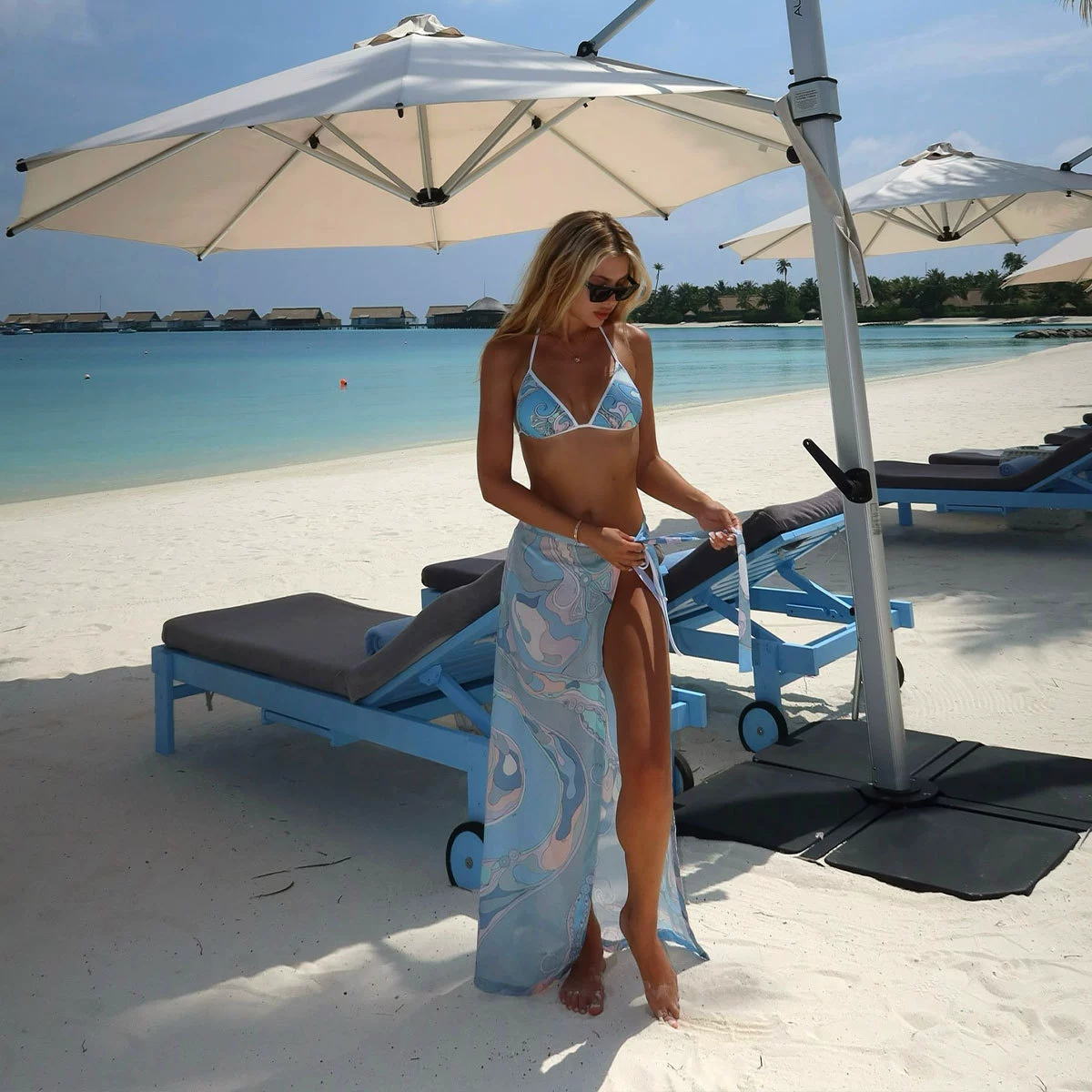 Triangle Top and Side-Tie Bottom Bikini Set with Sarong