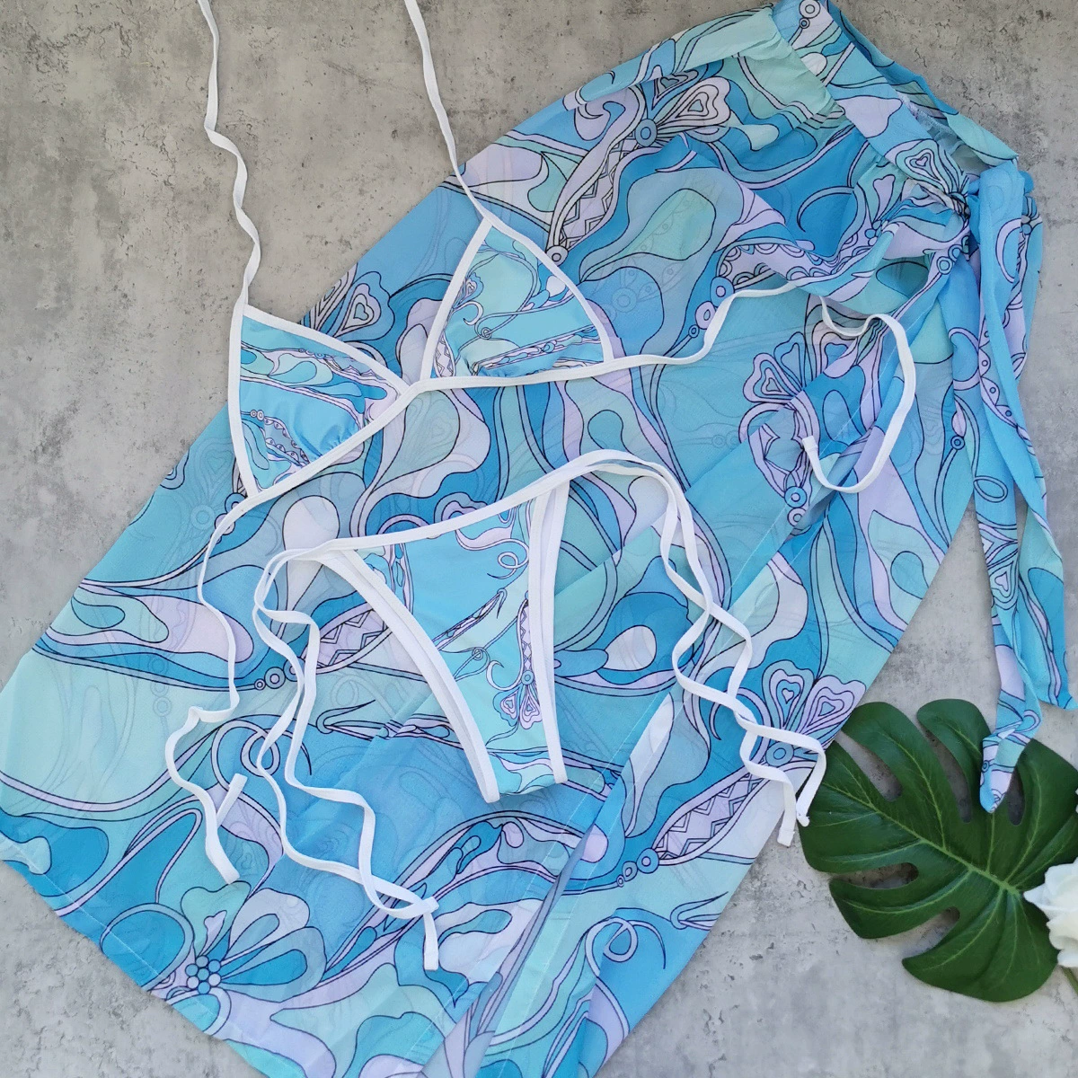 Triangle Top and Side-Tie Bottom Bikini Set with Sarong view 4