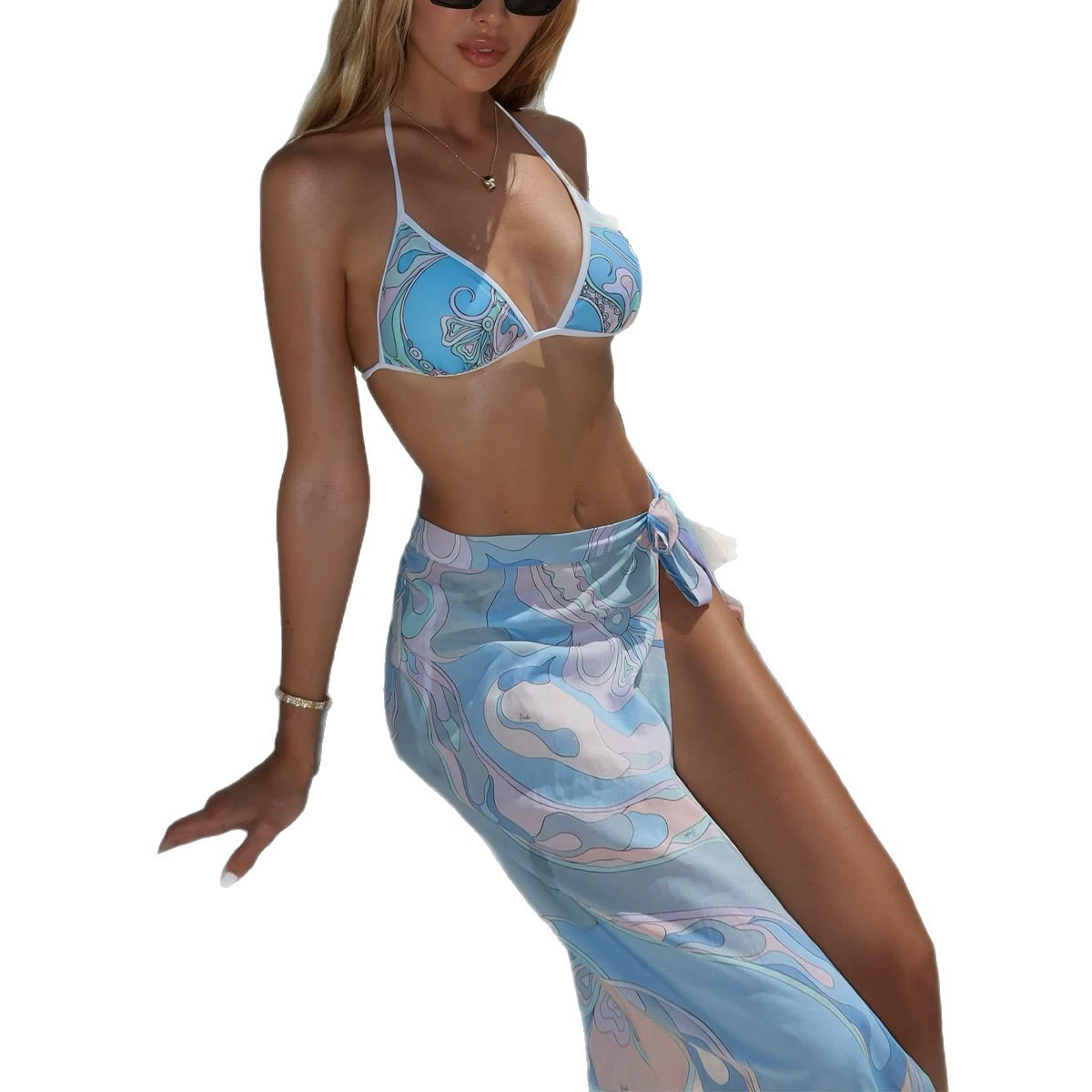 Triangle Top and Side-Tie Bottom Bikini Set with Sarong view 5