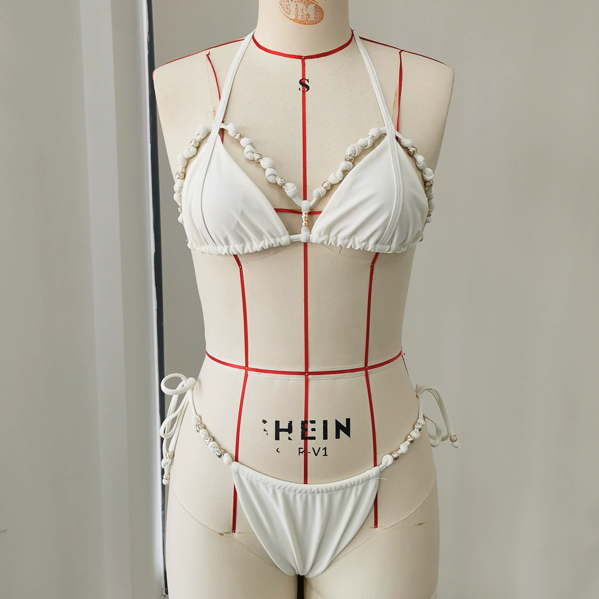 Beaded Halter Triangle Bikini Set