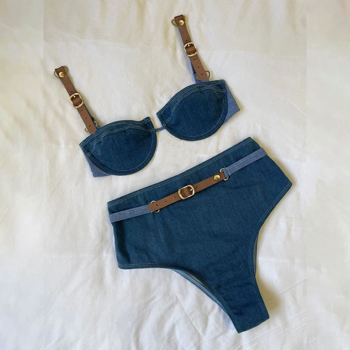 Two-Piece Balconette Bikini Set with High-Waisted Belted Bottom