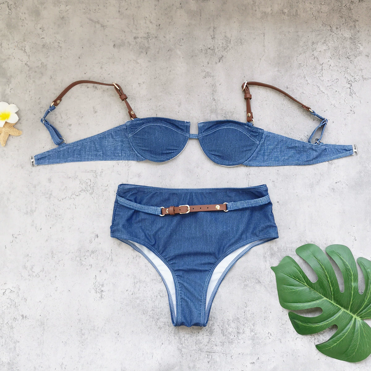 Two-Piece Balconette Bikini Set with High-Waisted Belted Bottom