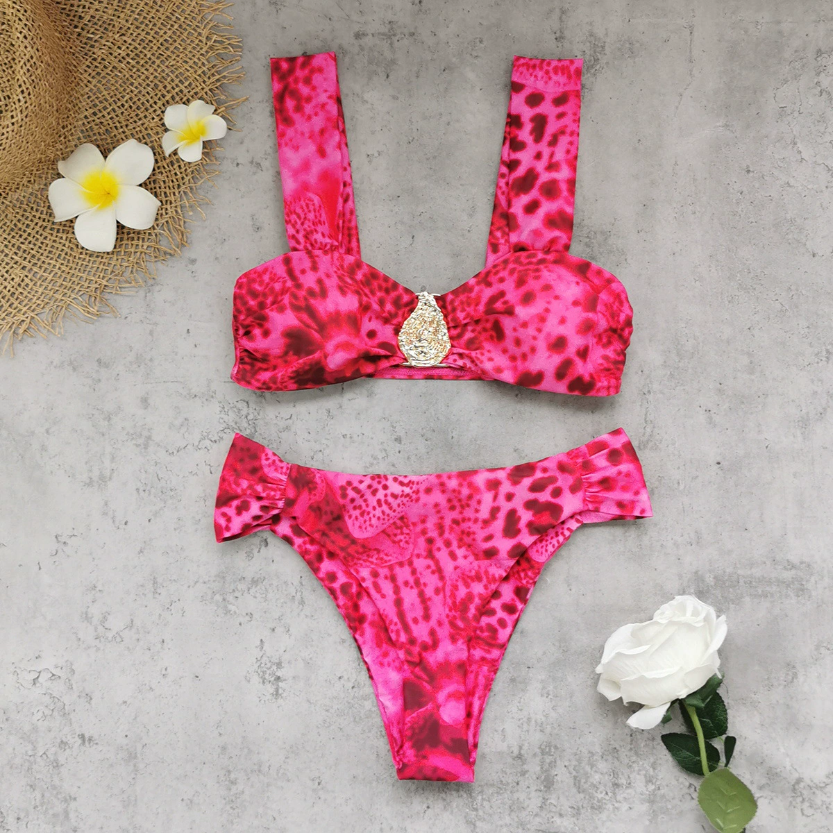 Wide Strap Two-Piece Bikini with Ornate Front Clasp