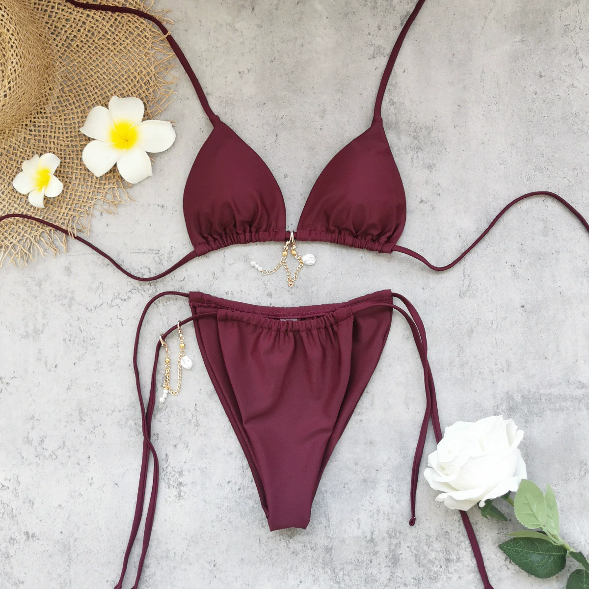 Two-Piece Halter Triangle Bikini Set with Side-Tie Bottoms and Charm Detail