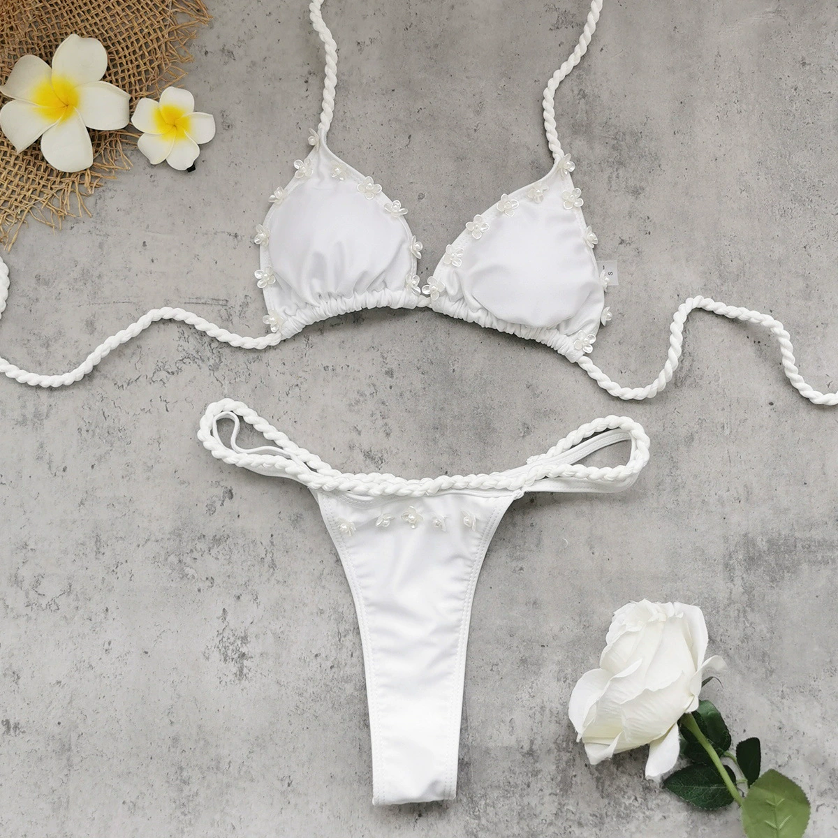 Braided Halter Triangle Bikini Set with Bead Accents