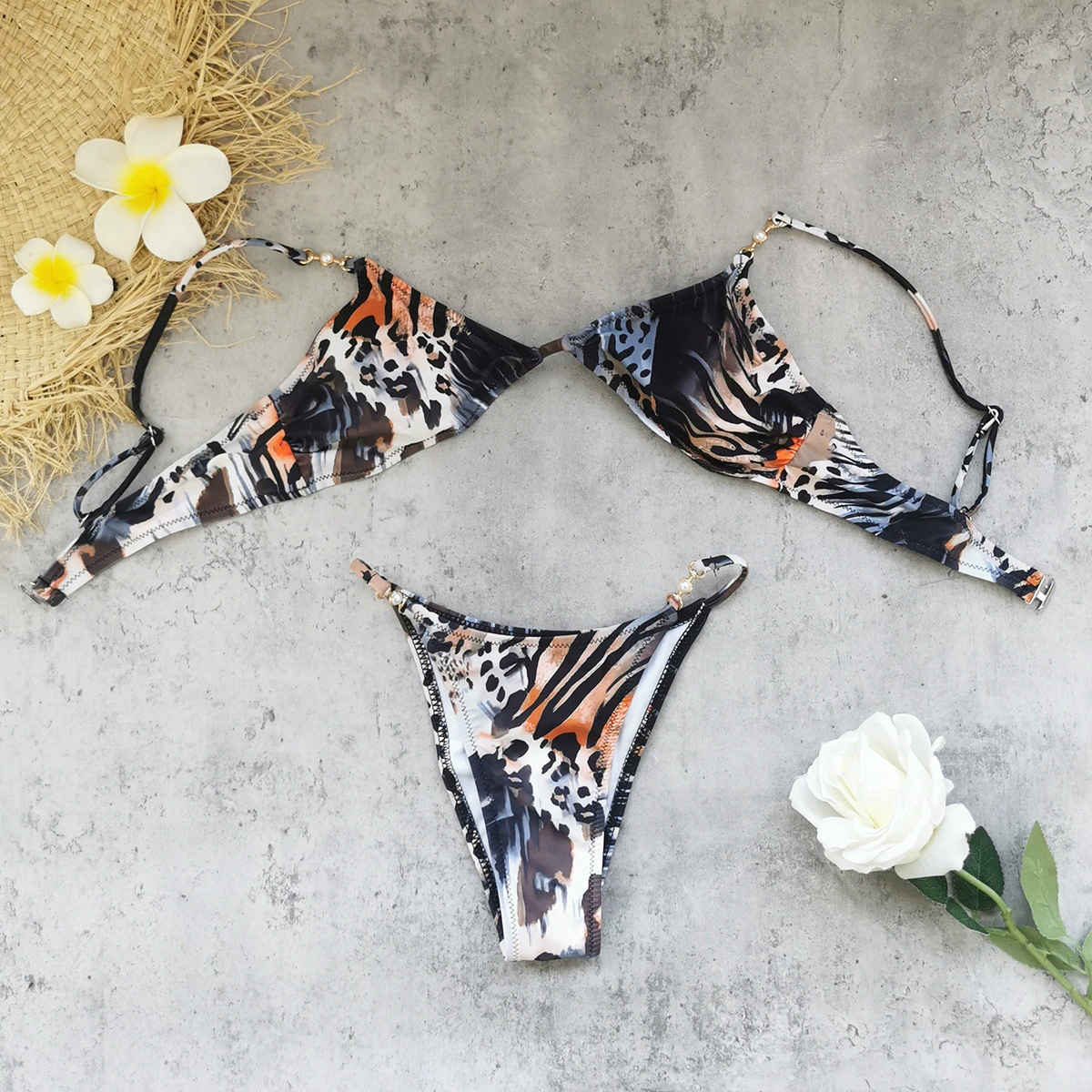 Two-Piece Triangle Bikini Set with Pearl Accents