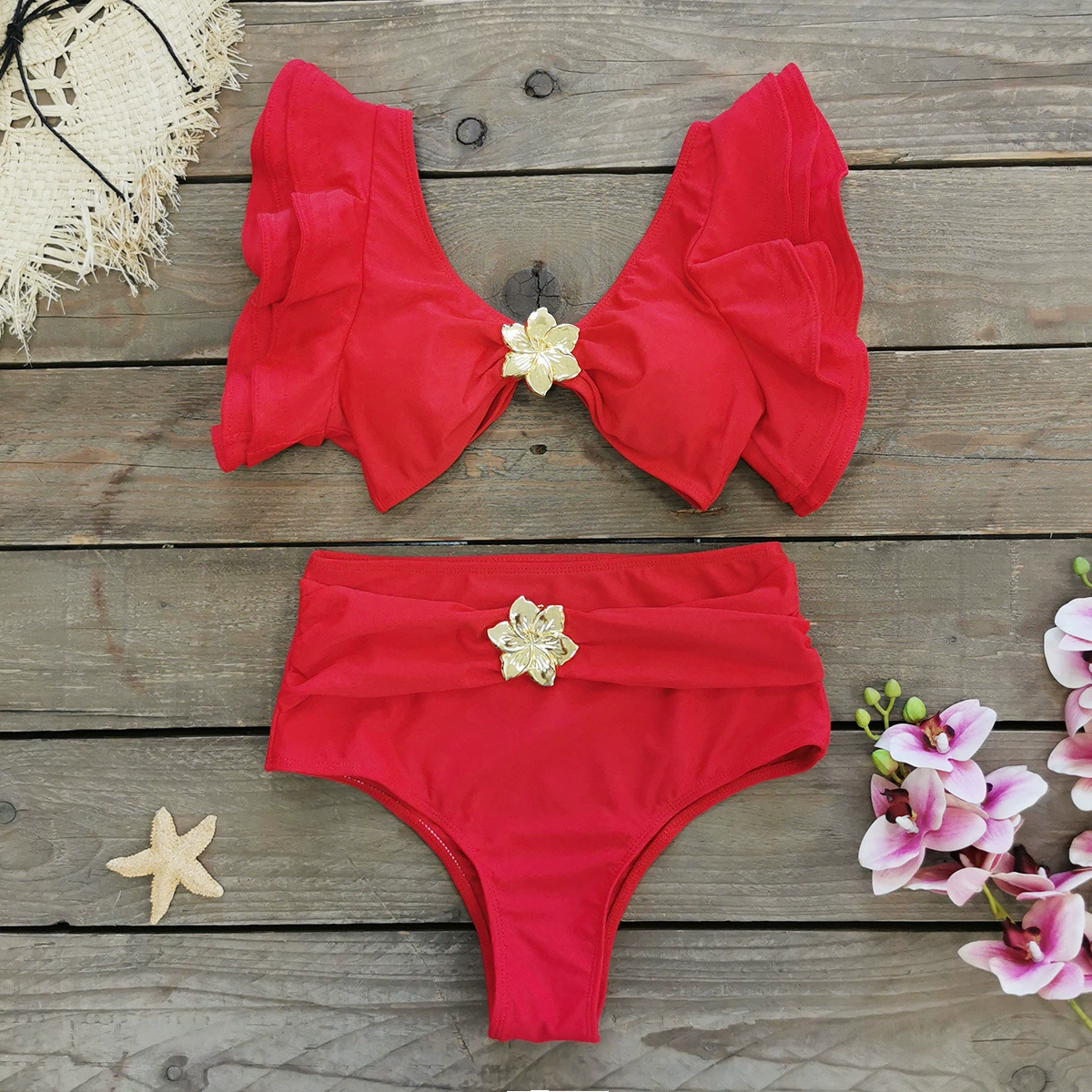 Ruffled Two-Piece Bikini Set with High-Waisted Bottom
