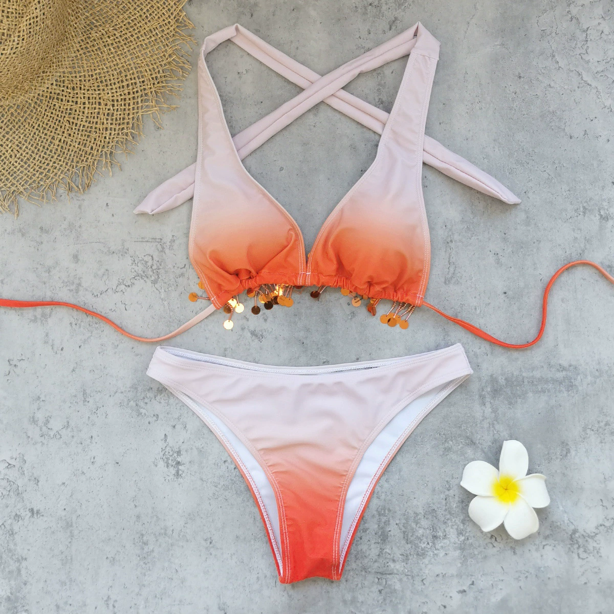 Halter Bikini with Beaded Fringe and Matching Ruched Skirt