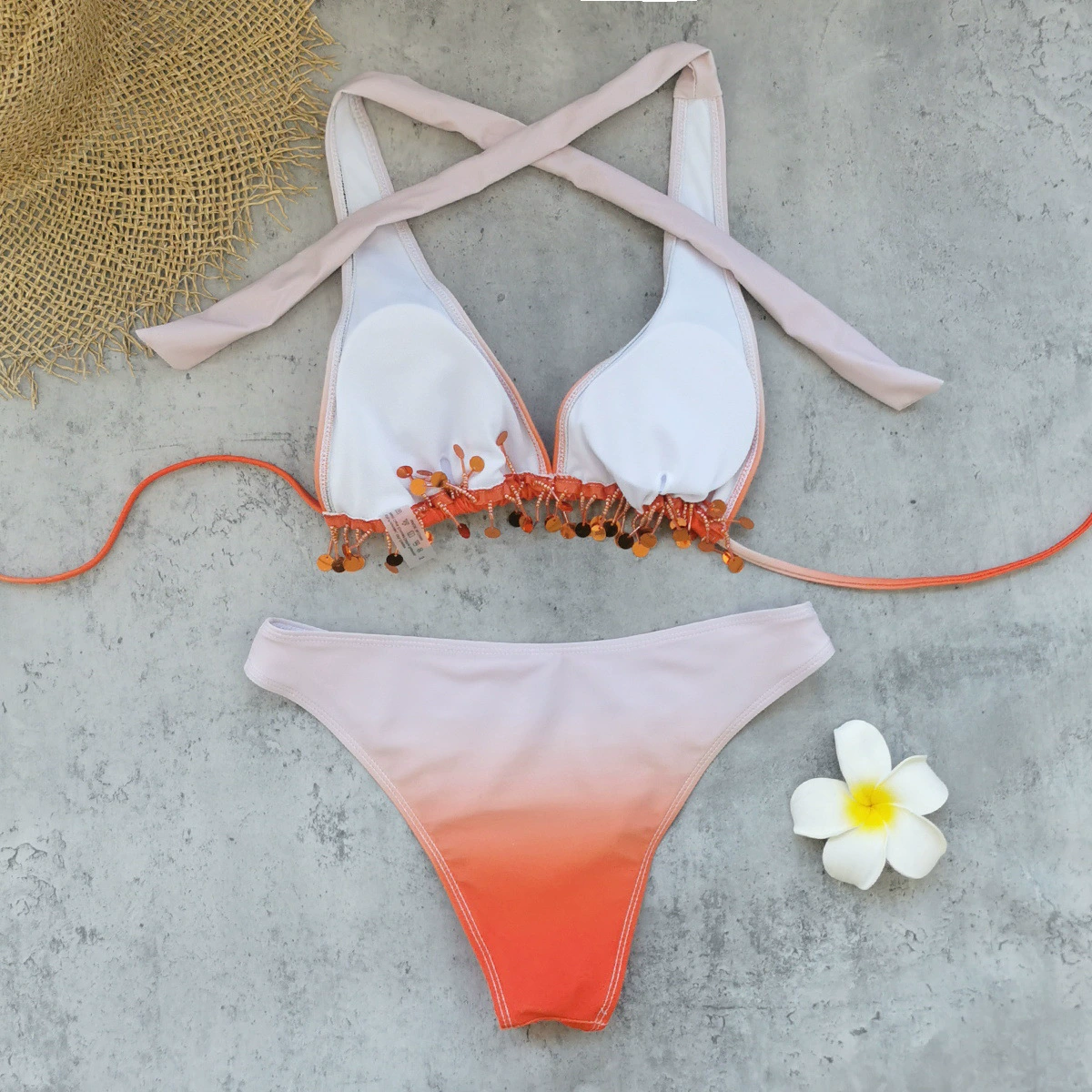 Halter Bikini with Beaded Fringe and Matching Ruched Skirt view 3