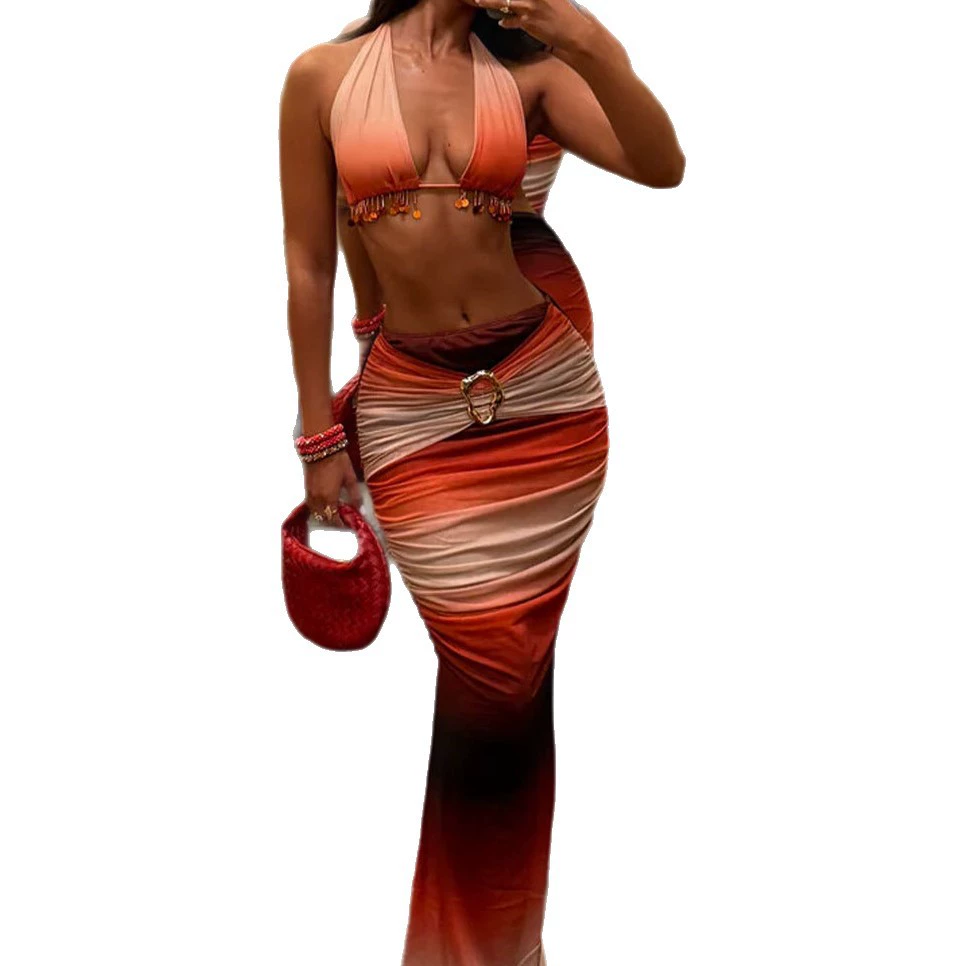 Halter Bikini with Beaded Fringe and Matching Ruched Skirt view 5