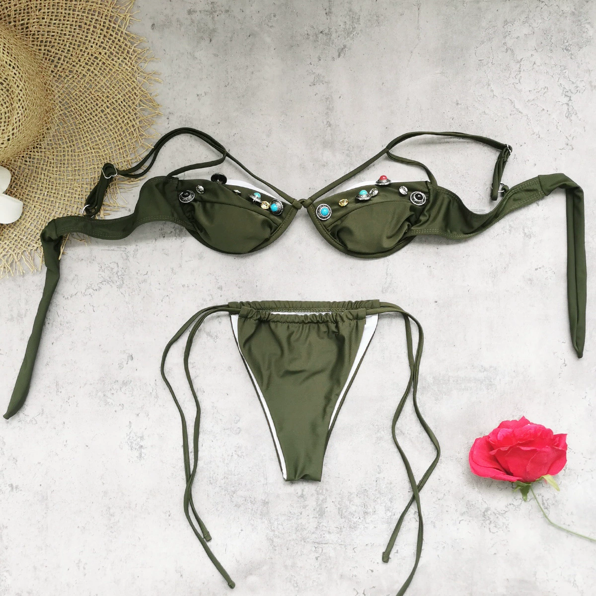 Embellished Strappy Bikini Set with Tie-Side Bottoms