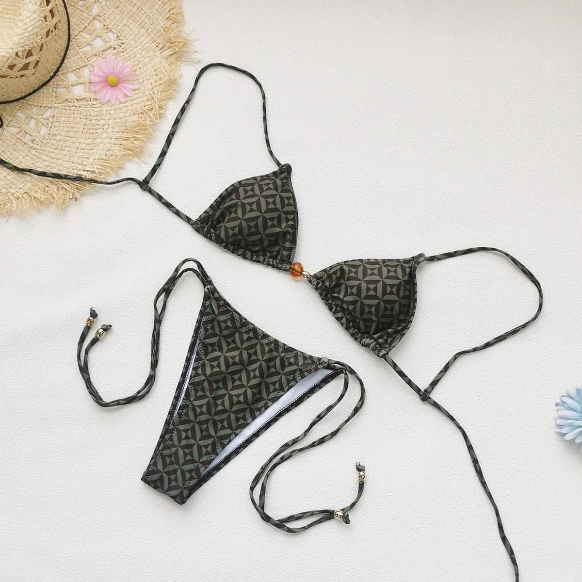Two-Piece Triangle Bikini Set with Halter Straps and Side-Tie Bottom view 3