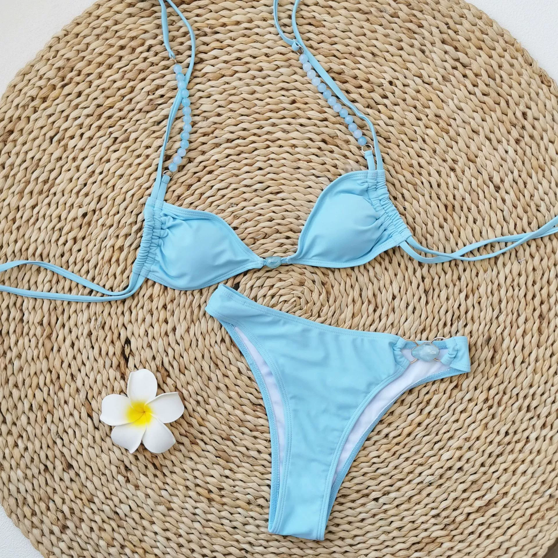 Beaded Halter Triangle Bikini Set with High-Cut Bottom and Ring Detail