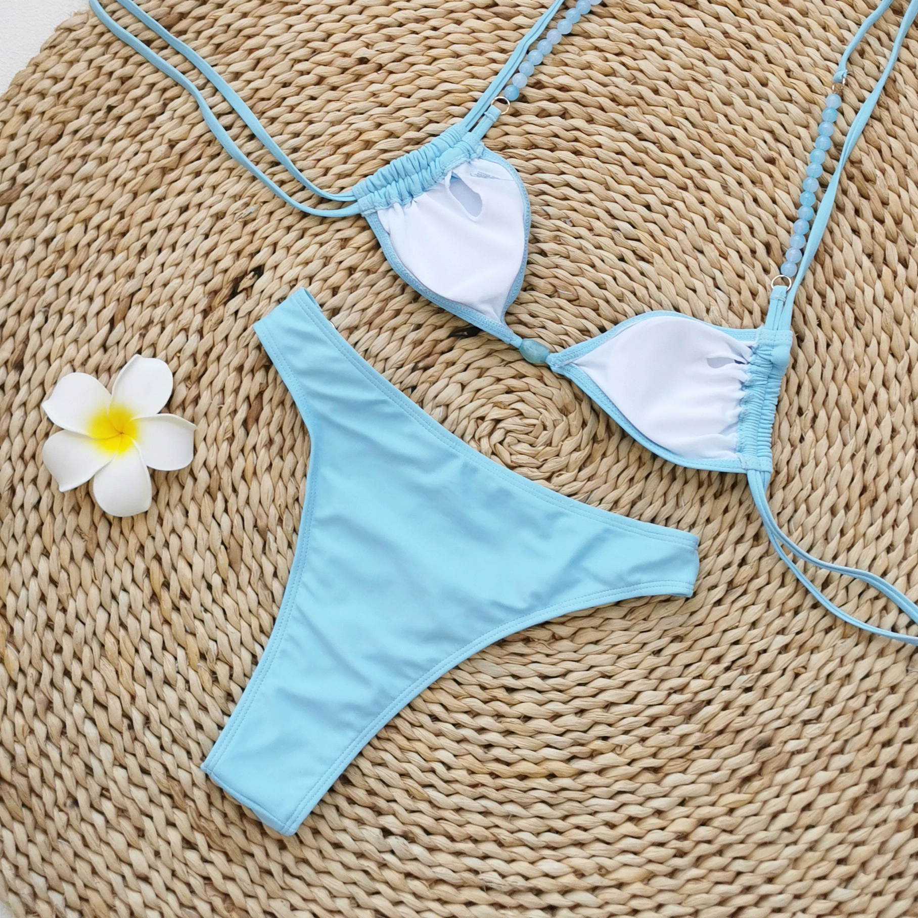 Beaded Halter Triangle Bikini Set with High-Cut Bottom and Ring Detail view 3
