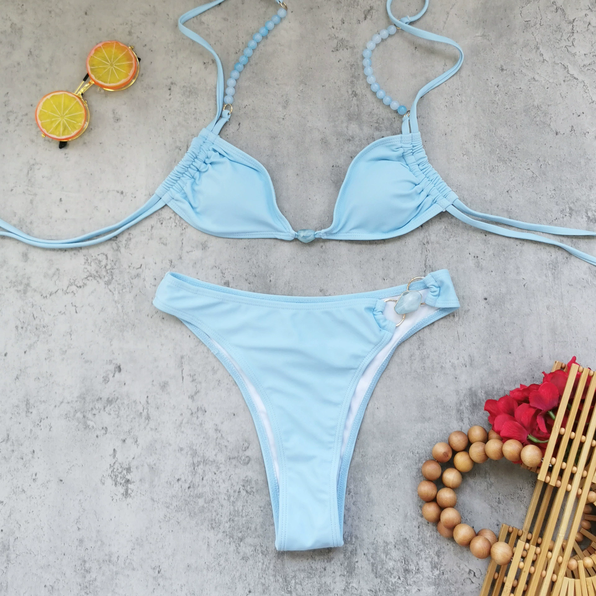 Beaded Halter Triangle Bikini Set with High-Cut Bottom and Ring Detail view 4