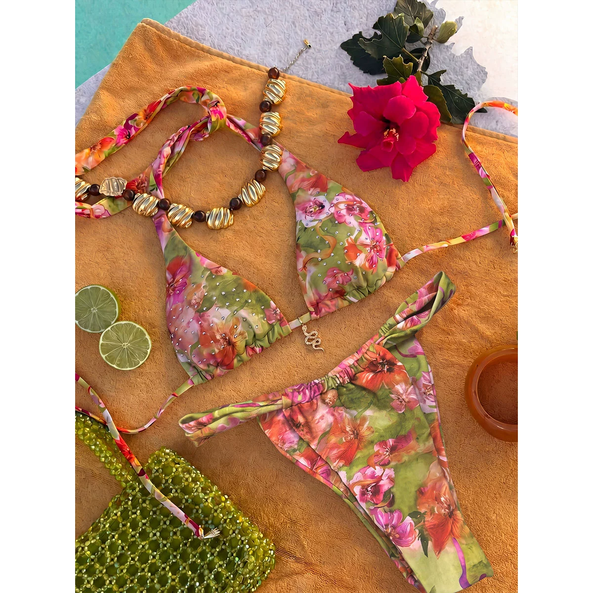 Two-Piece Triangle Bikini Set with Snake Pendant and Side Ties