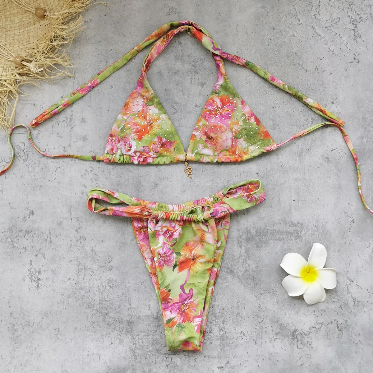 Two-Piece Triangle Bikini Set with Snake Pendant and Side Ties