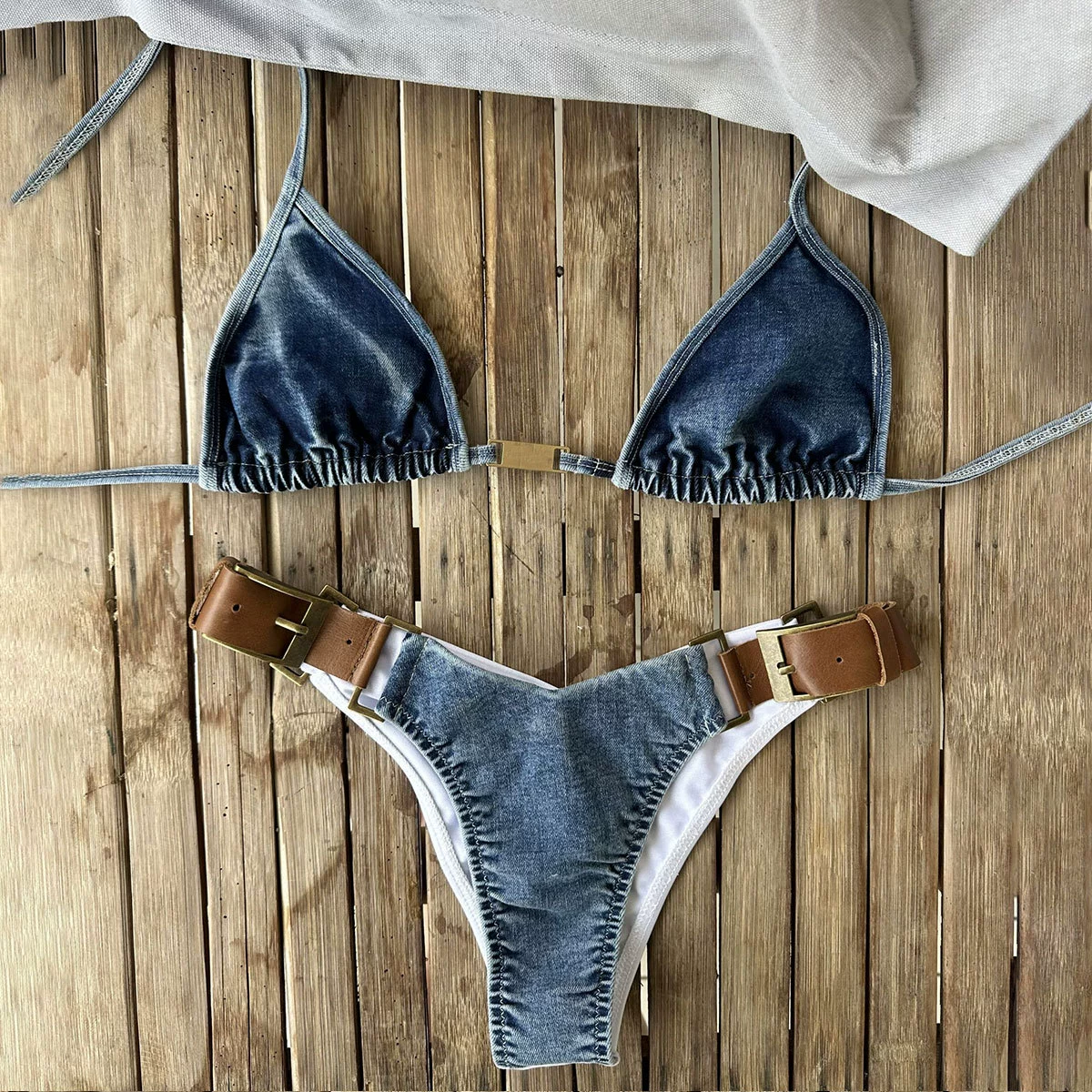 Triangle Halter Bikini Set with Belted High-Cut Briefs