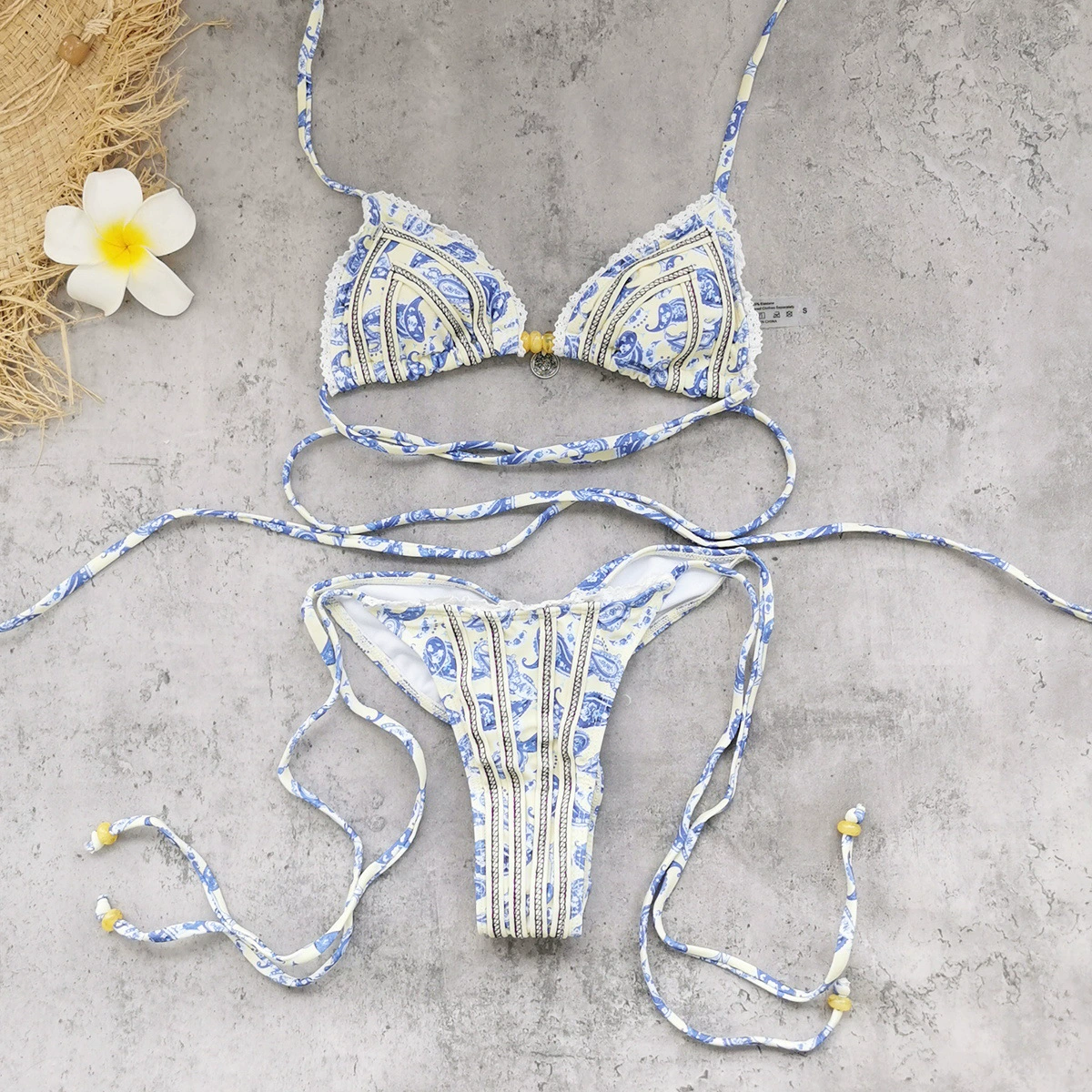 Triangle Halter Bikini Set with Tie-Side Bottom and Lace Trim